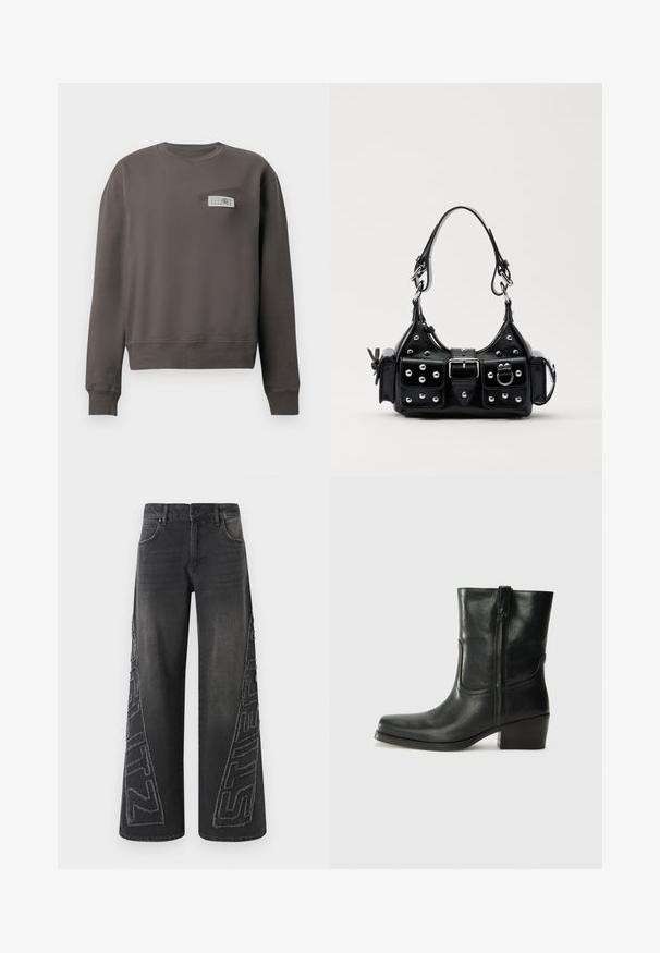 Sivé tričko z mäkkého materiálu, s okrúhlym výstrihom, dlhými rukávmi a náprsným vreckom s čiernobielym štítkom.; Čierne džínsy s širokými nohavicami vyrobené z denimu, s roztrhnutou vyšívanou grafikou po stranách a tradičným dizajnom s piatimi vreckami.; Čierne kožené členkové topánky s okrúhlou špičkou, blokovým podpätkom, bočným zipsom a prešívaním na priehlavku. Hladká textúra, klasický dizajn.; Čierna kožená kabelka s zakriveným dizajnom, doplnená striebornými cvočkami, prackou a dvoma bočnými vreckami. Nastaviteľný popruh poskytuje rôzne možnosti nosenia.