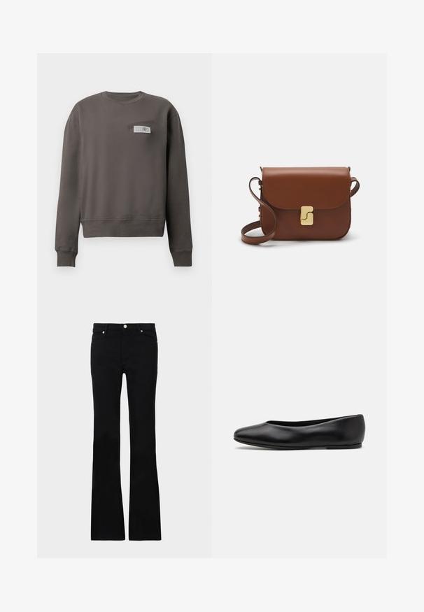 Šedá mikina z měkké látky, s kulatým výstřihem, dlouhými rukávy a kapsou na prsou s detailem černobílé etikety.; Černé zvonové džíny vyrobené z denimu, s dvěma předními kapsami, zapínáním na knoflík a hladkou strukturou. Na švech je viditelné charakteristické prošívání.; Paul Smith TOPANGA - Klasické baleríny - black; Hnědá kožená kabelka s klopou, zlatými kovovými detaily, ramenním popruhem a hladkým povrchem. Kompaktní obdélníkový tvar.