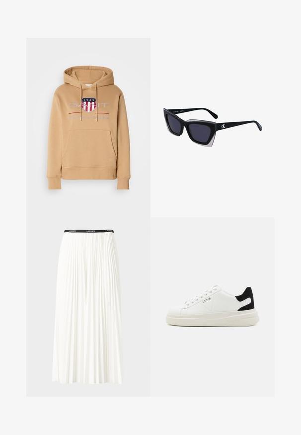 Hanorac cu glugă de culoare bej, având un buzunar frontal, manșete ribbate și un logo cu accente roșii și albastre. Material moale din amestec de bumbac.; Fustă plisată albă cu un brâu elastic negru, având logo-ul "LACOSTE". Design de lungime medie, cu textură moale.; Adidași din piele albă cu o talpă groasă albă, accent de călcâi din suede negru și logo embosat pe lateral. Design cu șireturi și șase orificii.; Ochelari de soare supradimensionați, negri, cu o formă geometrică, având lentile întunecate și un detaliu gri contrastant pe ramă. Logo pe braț.