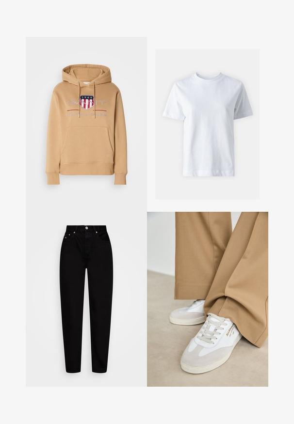 Hoodie in tan, met een voorkantzak, ribgebreide manchetten en een logo met rode en blauwe accenten. Zachte katoenmix.; Witte katoen t-shirt met een ronde hals, korte mouwen, een rechte snit en een gladde textuur. Geen patronen of versieringen.; Zwarte high-waist straight-leg jeans met een knop aan de voorkant, vijf zakken en riemlussen, weergegeven op een witte achtergrond.; Witte sneakers met suède accenten, gestructureerde veters en een rubberen zool. Gecombineerd met losse beige broek. Logo zichtbaar aan de zijkant.
