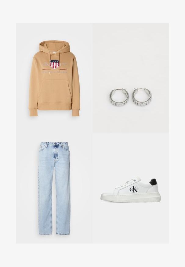 Hoodica u boji bež, s prednjim džepom, rebrastim manžetama i logom s crvenim i plavim naglascima. Mekani materijal od pamučne mješavine.; Svijetloplave široke traperice od denima, s visokim strukom, izblijedjelim pranjem i suptilnim uzorkom tie-dye na prednjoj strani.; Bijeli niskotoperani tenisice s crnom petom, platformom, vezicama i "CK" logotipom Calvin Kleina sa strane.; Srebrne naušnice na obruče s teksturiranim dizajnom koji sadrži vertikalne rebra. Okrugli oblik s sigurnim zatvaranjem. Glatka završna obrada.