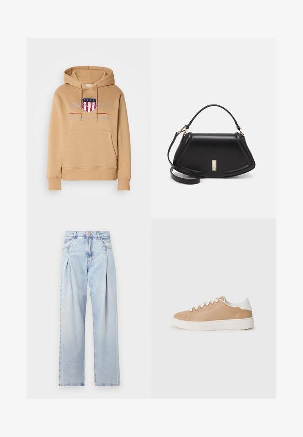 Felpa con cappuccio color beige, con tasca frontale, polsini a costine e un logo con accenti rossi e blu. Realizzata in morbido tessuto misto cotone.; Jeans in denim azzurro chiaro con vita alta, taglio a gamba larga, due tasche laterali e design plissettato. Texture morbida con una finitura sbiadita.; Sneaker in pelle beige con dettagli bianchi, punta rotonda, suola piatta e cuciture a contrasto. Chiusura con lacci con sei fori.; Borsa a mano in pelle nera con un design strutturato, caratterizzata da una forma corta, manico superiore e accessori in metallo dorato. Inclusa tracolla regolabile.