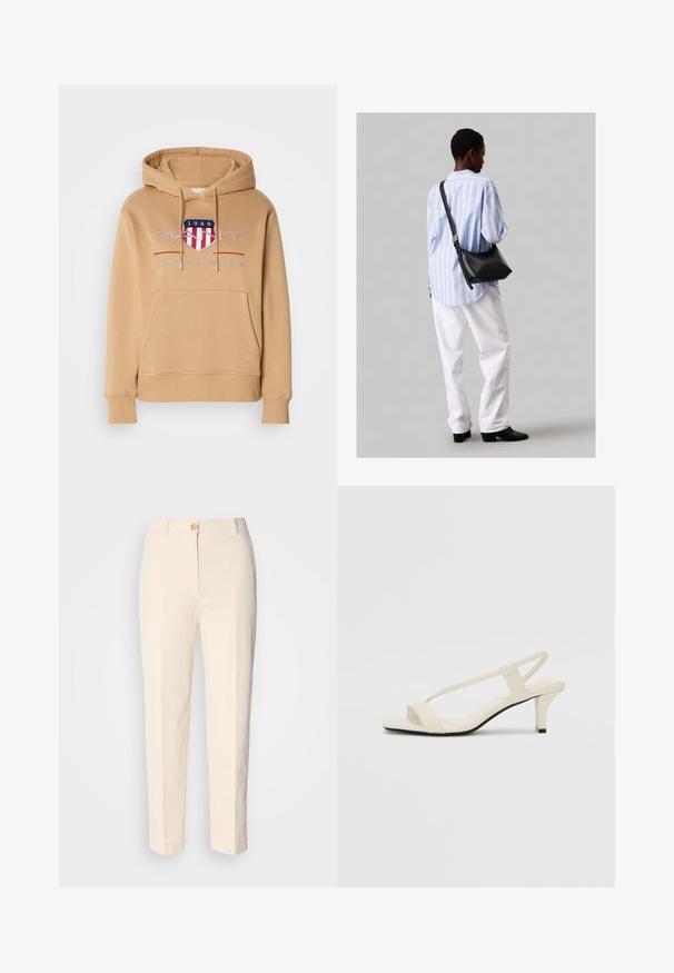 Bluza z kapturem w kolorze jasnobrązowym, z przednią kieszenią, ściągaczami na rękawach oraz logiem w czerwonych i niebieskich akcentach. Wykonana z miękkiej mieszanki bawełny.; Kremowe, wysokie spodnie wykonane z teksturowanej tkaniny. Posiadają zapięcie na guzik z przodu oraz zwężające się nogawki.; Beżowe sandały na blokowym obcasie z cienkimi ramiączkami i kwadratowym noskiem. Gładki materiał z minimalną ilością detali, zaprojektowane z myślą o łatwym zakładaniu.; Czarna skórzana torba na ramię o miękkiej fakturze, w kształcie trójkąta, z regulowanym paskiem, połączona z jasnoniebieską koszulą w paski i białymi spodniami.