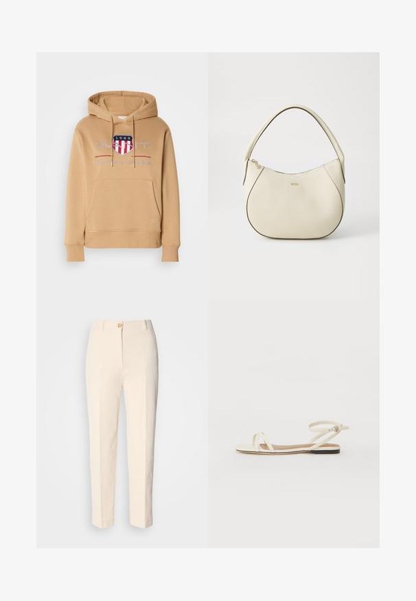 Kapuča džemperis pelēkā krāsā, ar priekšējo kabatu, ribinātiem piedurknēm un logotipu ar sarkaniem un ziliem akcentiem. Mīksta kokvilnas maisījuma audums.; Krēma krāsas augstākā jostas līmeņa bikses, izgatavotas no teksturēta auduma. Tām ir aizdare priekšā ar pogu un sašaurināti kājām.; Kremkrāsas ādas plakanas sandalēs ar plānām krusteniskām siksnām, potītes siksna ar sprādzi, minimālistisks dizains un kontrastējoša melna zole.; Krēmkrāsas rokassoma ar teksturētu virsmu, izliekta forma, īss rokturis un zelta tonī logo detaļa. Vāciņš ar rāvējslēdzēju augšpusē.