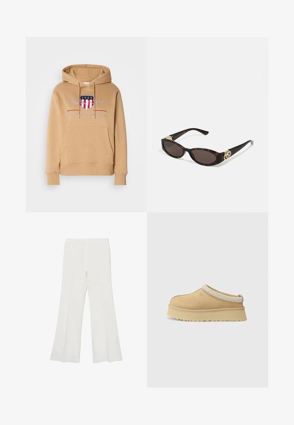 Sweatshirt à capuche en beige, doté d'une poche avant, de poignets côtelés et d'un logo avec des accents rouges et bleus. Matériau doux en mélange de coton.; Pantalons évasés blancs présentant une texture lisse et des lignes épurées, avec une taille mi-haute et sans matériel ni motifs visibles.; Chaussure slip-on en daim beige avec un col rembourré et un accent texturé bleu clair. Elle dispose d'une semelle extérieure épaisse et durable avec un profil de traction.; Lunettes de soleil en écaille, avec des verres ovales allongés, teinte marron, accents de logo doré sur les branches et montures noires élégantes.; Sac à main en cuir marron avec deux poignées robustes, de forme rectangulaire, texture lisse et fermeture zippée. Design minimaliste sans motifs visibles.