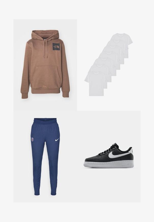 Sweatshirt castanho com um bolso frontal, capuz com cordão e um logo preto no canto superior esquerdo do peito. Feito de tecido macio, com punhos canelados.; T-shirts brancos de algodão, mangas curtas, design de gola redonda, com textura lisa, empilhados em fila, com uma marcação subtil na gola.; Calças de treino azul-marinho feitas de tecido texturizado, com um logotipo de Paris na coxa esquerda e um swoosh branco da Nike na direita.; Sapatilha de pele preta com superfície texturizada, swoosh branco da Nike, sola cinza, bico redondo e design com atacadores. Apresenta perfurações na caixa dos dedos.