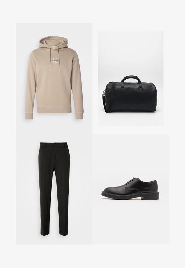 Felpa beige realizzata in misto cotone. Presenta una tasca frontale, un cappuccio regolabile con cordino e un logo ricamato sul petto. Tessuto liscio.; Pantaloni neri realizzati in tessuto liscio, con gamba dritta, chiusura con bottone e un design classico adatto per abbigliamento formale o casual.; Scarpa nera in pelle con lacci, punta tonda, texture liscia, cuciture minime e tacco in gomma basso. Logo sul tacco.; Borsa a secchiello nera realizzata in materiale sintetico testurizzato. Presenta due manici e una tracolla regolabile. Design semplice senza motivi visibili.