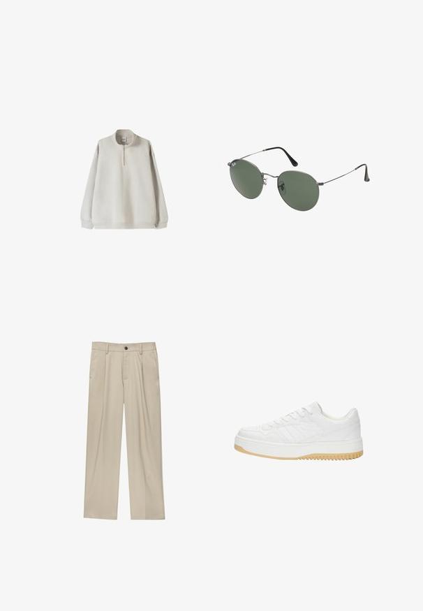 Világosszürke pulóver, magas gallérral, fél cipzárral elöl és rugalmas mandzsettákkal. Puha anyag és laza fit.; Beige egyenes szárú nadrág, egy fekete gombbal, övhurkokkal és oldalzsebekkel. Sima szövettextúra és minimális design.; Fehér bőr sneaker, texturált felülettel, gumitalppal, fűzős kialakítással és diszkrét csíkozással az oldalakon.; Fémkeretes napszemüveg ovális zöld lencsékkel. Vékony ezüst színű fémkeret és fekete fülrész. Minimalista dizájn, látható logók nélkül.