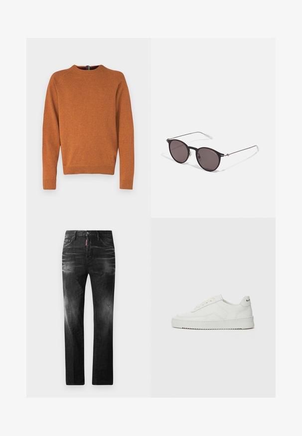 PS Paul Smith Maglione - orange; T-shirt in cotone nero con scollatura rotonda, maniche corte e logo "EMPORIO ARMANI" in bianco sopra "Milano" in una disposizione curva.; Jeans in denim nero con vestibilità dritta. Presentano aree sbiadite, leggeri segni di usura, classico design a cinque tasche e chiusura con bottone.; Sneaker in pelle bianca con una finitura liscia, punta rotonda, lacci piatti e suola testurizzata. Presenta un logo discreto sul tallone.; Occhiali da sole neri rotondi con lenti scure e sottili bracci in metallo. Include punte trasparenti e accenti argentati alla cerniera. Design minimalista.