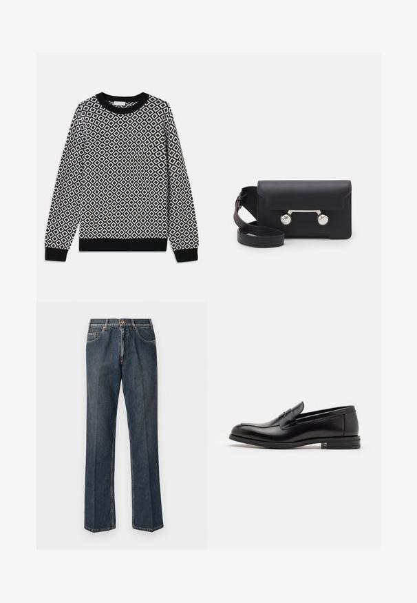 Pulover tricotat alb-negru, cu un model în diamante, guler rotund și mansete și tiv ribțat. Proiectat cu mâneci lungi.; Jeans din denim drept, de culoare albastră închisă, cu nasture frontal, fermoar, două buzunare frontale și cute verticale vizibile pe picioare.; Mocasini din piele neagră cu o textură netedă, vârf rotund și o curea decorativă peste partea superioară. Toc mic, design minimalist.; Geantă din piele neagră, tip crossbody, cu închidere prin clapetă, accesorii din metal de culoare argintie și două accente rotunde. Dispune de o curea detașabilă. Textură netedă.