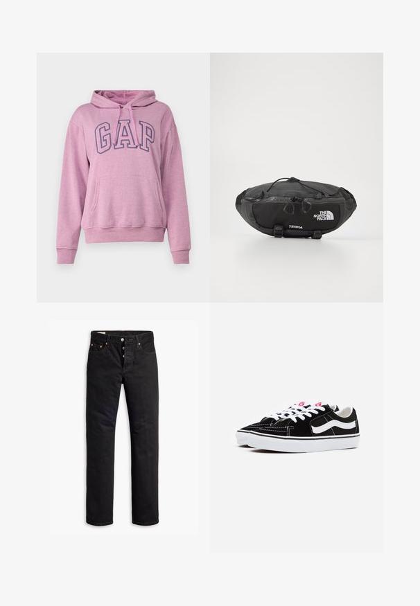 GAP HERITAGE - Felpa - plush lilac; Jeans in denim nero con taglio dritto, design a cinque tasche e chiusura con bottoni. Presentano rivetti in rame e dettagli di cucitura.; Sneaker in suede nera con lacci bianchi, dotate di una marcata striscia laterale bianca e suola in gomma nera, che mette in evidenza dettagli di cucitura a contrasto.; The North Face TERRA LUMBAR 3L UNISEX - Marsupio - asphalt grey/black