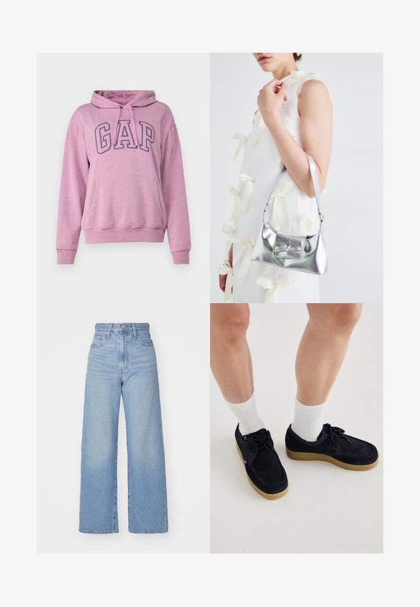 GAP HERITAGE - Bluză de molton - plush lilac; Jeans cu talie înaltă, de culoare albastru deschis, cu croială largă, dotate cu nasture și fermoar la față, buzunare în față și spate, pe un fundal alb.; Pantofi din suede albastru marin, cu vârful rotund, design cu șireturi și talpă din cauciuc de culoare crem. Asortați cu șosete albe cu bandă în relief.; Geantă metalică argintie cu o formă structurată, având un mâner superior și un detaliu sub formă de fundă pe față. Textură netedă, finisaj reflexiv.