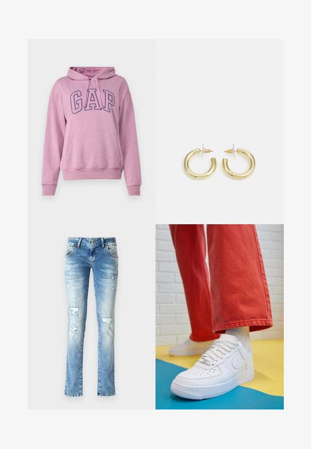 GAP HERITAGE - Mikina - plush lilac; Svetlomodré rifle z denimového materiálu s voľným strihom, so zaoblenými detailmi, zapínaním na gombíky s dvoma gombíkmi a rovnými nohavicami.; Biele kožené tenisky s perforovanou špičkou, textúrovanou podrážkou a bielymi šnúrkami, spárované so širokými červenými nohavicami na modrom a žltom pozadí.; Zlaté kruhové náušnice s hladkým, lesklým povrchom. Cirkulárny dizajn s malým steblom a jasným záznamom pre bezpečné nosenie.