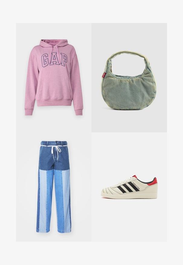 GAP HERITAGE - Sweatshirt - plush lilac; Blå denimbukser med et lapperedesign i forskjellige nyanser av blått, snor i livet og løse, rette ben.; Kremfargede lærtreninger med svarte striper, røde hælaccents og teksturerte detaljer. Har gummisåle og snøring.; Lyseblå denim håndveske med kort, polstret håndtak og liten rød Levi's-logo tag på siden, satt mot en ensfarget bakgrunn.