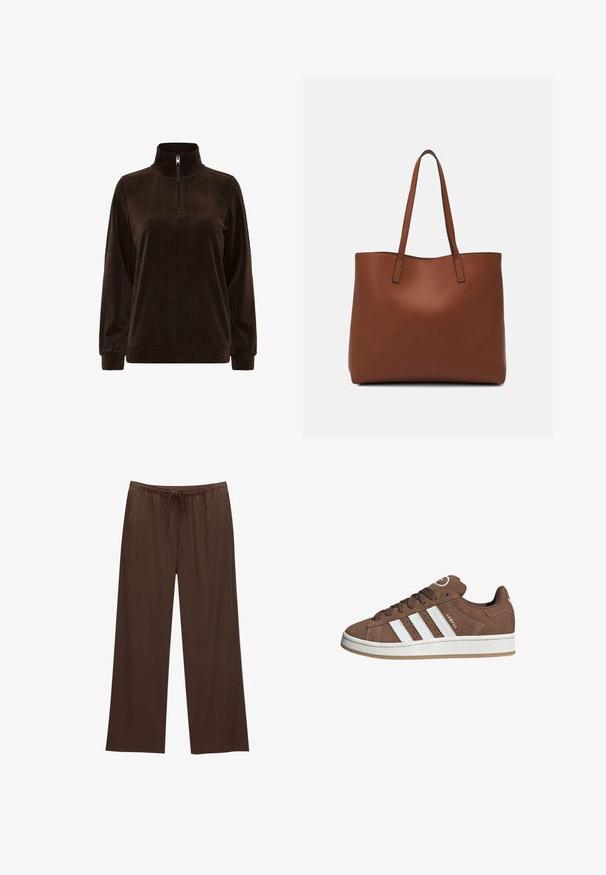Brązowy sweter z materiału sztruksowego z wysokim kołnierzem i półzamkiem. Posiada teksturę ribbed oraz długie rękawy, idealny na co dzień.; Brązowe spodnie szerokie wykonane z miękkiego materiału, z elastycznym paskiem w talii i sznurkiem, oraz dwiema bocznymi kieszeniami.; Brązowe zamszowe sneakersy z białymi skórzanymi paskami, gumową podeszwą, zaokrąglonym noskiem i sznurowanym przodem. Posiadają logo na języku i perforowane akcenty.; Brązowa skórzana torba tote o gładkiej fakturze, z otwartym wierzchem i dwoma ramiączkami. Charakteryzuje się minimalnym przeszyciem i brakiem widocznych elementów metalowych.