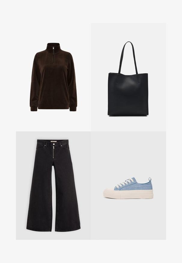 Pullover in corduroy marrone con colletto alto e zip a metà. Presenta una texture a coste e maniche lunghe, ideale per un abbigliamento casual.; Jeans a gamba larga in denim nero con chiusura a zip, design a cinque tasche e dettagli di cucitura sottili. Texture morbida e stile casual.; Sneakers di tela blu chiaro con punta e suola in gomma crema, dotati di lacci bianchi e un cinturino sul tallone.; Borsa tote in pelle nera con texture liscia, forma rettangolare e due manici lunghi. Nessun hardware o decorazione visibile.