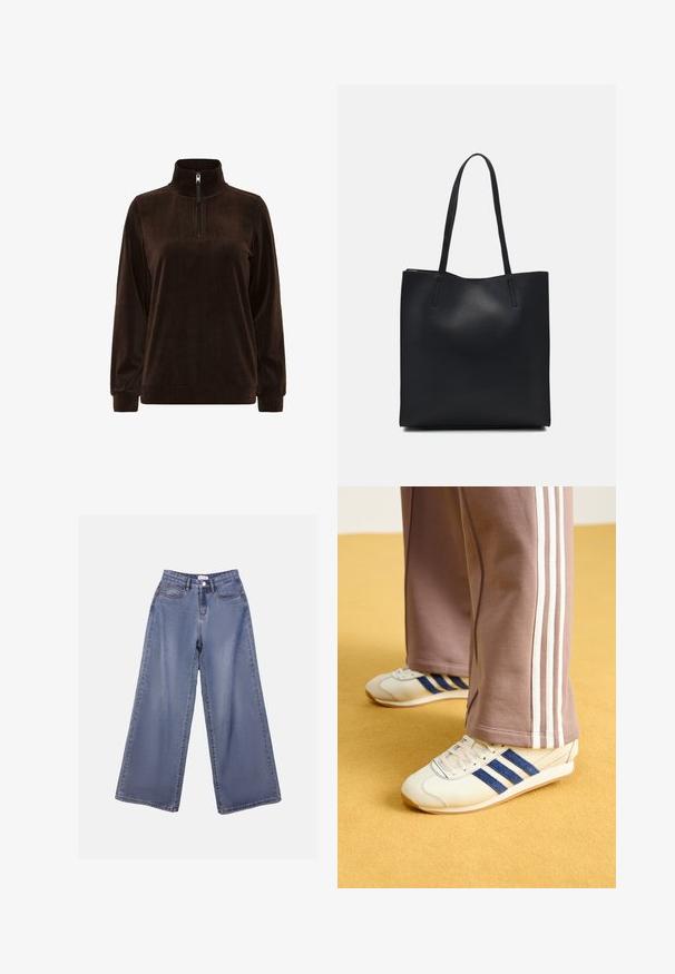 Brązowy sweter z materiału sztruksowego z wysokim kołnierzem i półzamkiem. Posiada teksturę ribbed oraz długie rękawy, idealny na co dzień.; Jasnoniebieskie dżinsy o szerokich nogawkach z wysokim stanem, z kieszeniami z przodu oraz zapięciem na guziki i pętelkami na pasek.; Kremowe sneakersy z niebieskimi zamszowymi paskami, białymi sznurówkami i gumową podeszwą. Zestawione z szarymi dresami z białymi bocznymi paskami.; Czarna skórzana torba tote o gładkiej fakturze, prostokątnym kształcie i dwóch długich uchwytach. Brak widocznych elementów metalowych i ozdób.