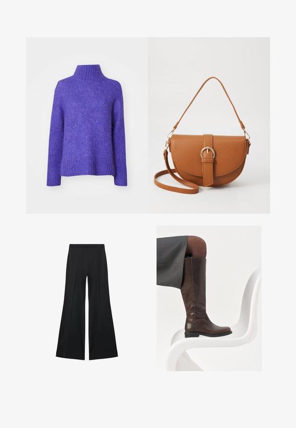 Selected Femme SLFGABELLA HIGH NECK - Vesta - liberty; Crne široke hlače s glatkom teksturom, koje imaju prednje nabore i kroj po mjeri. Tkanina je lagana i lepršava.; Smeđe kožne čizme do koljena s zaobljenim vrhom, glatkom teksturom i minimalnim detaljima šivanja, postavljene na svijetloj pozadini na bijeloj stolici.; Smeđa kožna torba preko tijela s zakrivljenim oblikom, zlatnim metalnim detaljima i naglaskom na kopču. Ima odvojivu naramenicu.