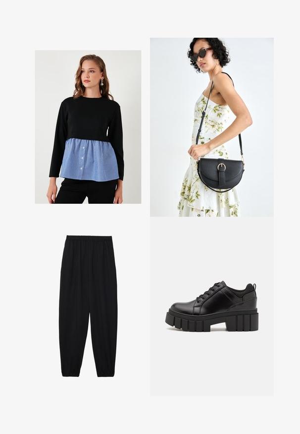 Fekete, hosszú ujjú felső, kék és fehér csíkos peplum résszel, elől gombos díszítéssel. Puha szövettextúra az egész anyagon.; Fekete, könnyű nadrág elasztikus derékkal és ráncolt bokákkal. Az anyag sima és laza, szűkített dizájnnal rendelkezik.; Fekete bőr platform cipők vaskos blokk sarkakkal, kerek orral és hagyományos fűzős kialakítással. Simára csiszolt felület és minimális részletezés jellemzi.; Fekete bőrtáska ívelt formával, levehető pánttal és arany színű fémrészekkel. A táskán egy csattal díszített fedél található.