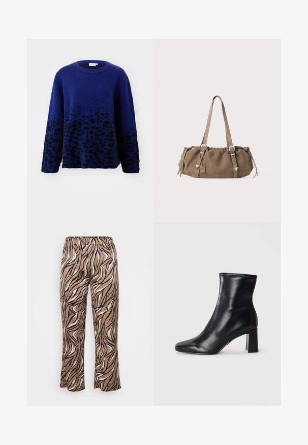 Zils džemperis ar apaļu kaklu un garām piedurknēm, ar struktūrētu melnu leoparda rakstu apakšā un maigu apdari.; Brūni un krēmbalti zebra raksta bikses ar elastīgu jostasvietu, kas izceļas ar platu kāju dizainu un gludu auduma tekstūru.; Melnas ādas potīšu zābaki ar norādītu purngalu un strukturētu kvadrātveida papēdi. Gluda tekstūra ar elegantu, minimālistisku dizainu.; Brūns zamšs rokassomu ar savelkamu augšpusi, sudraba aparatūras akcentiem un divām plecu siksnām. Ievērojama taisnstūra forma un minimālistisks dizains.
