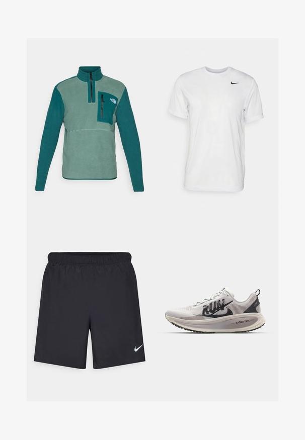 Teal- ja rohelise värvi fleece-pullover kõrge krae, poole pikkusega tõmblukuga ja esi-taskuga musta tõmblukuga. Omab tekstureeritud materjali.; Valge lühikeste varrukatega t-särk, mis on valmistatud siledast kangast. Omab ümmargust kaelust ja väikest musta Nike logo vasakul rinnal.; Mustad mustikud lühikesed püksid, mis on valmistatud kergest materjalist ja millel on elastne vöökoht. Alumisel vasakul küljel on väike valge Nike logo.; Nike Performance VOMERO 18 RUN - Maanteejooksu jalatsid - summit white/black/college grey/vast grey/sequoia/sail