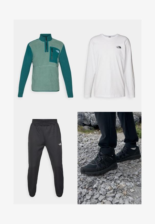 Polarowy pulower w kolorze teal i zielonym z wysokim kołnierzem, ćwierć zamkiem oraz kieszenią na piersi z czarnym zamkiem. Charakteryzuje się teksturowanym materiałem.; Biała koszulka z długim rękawem wykonana z bawełny, z okrągłym dekoltem. Posiada małe czarne logo na piersi. Gładka faktura, regularny krój.; Czarne dresy z elastycznym paskiem w talii, zwężanym krojem, elastycznymi mankietami i małym białym logo na lewej udzie, wykonane z gładkiego materiału.; Czarne buty outdoorowe wykonane z siateczki i materiału syntetycznego, z fakturowaną cholewką, zabezpieczonym systemem sznurowania i solidną podeszwą, na skalistym terenie.