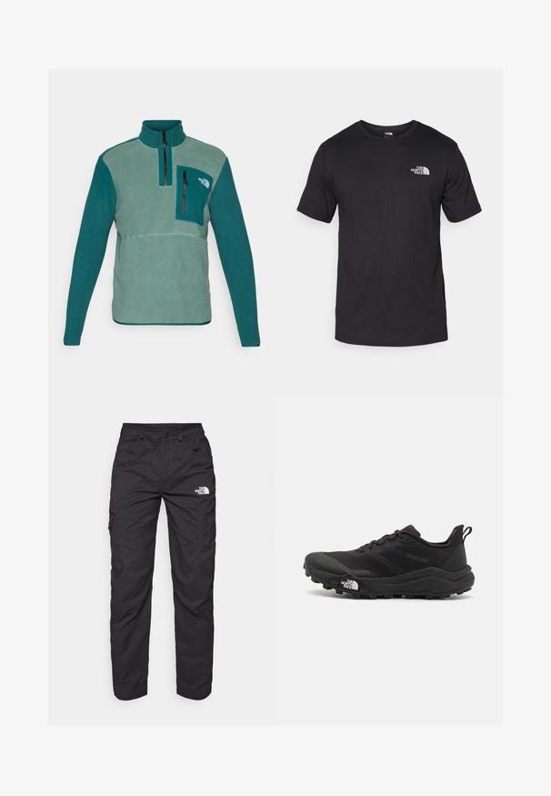 Teal- ja rohelise värvi fleece-pullover kõrge krae, poole pikkusega tõmblukuga ja esi-taskuga musta tõmblukuga. Omab tekstureeritud materjali.; Must have lühikeste varrukatega must T-särk, mis on valmistatud puuvillast, ümmarguse kaelusega ja väikese valge logoga vasakus ülanurgas.; Kerged püksid, mis on valmistatud kergest kangast. Omavad lukuga küljetaskuid ja logo vasakul reiel. Sirge jala disain.; Must tume jooksujalats musta värvi, tekstuurse ülemise osaga, kummist tallaga ja tugevdatud varbaga. Omab pehmendusega krae ja tõmblinti mugavaks selga panemiseks.