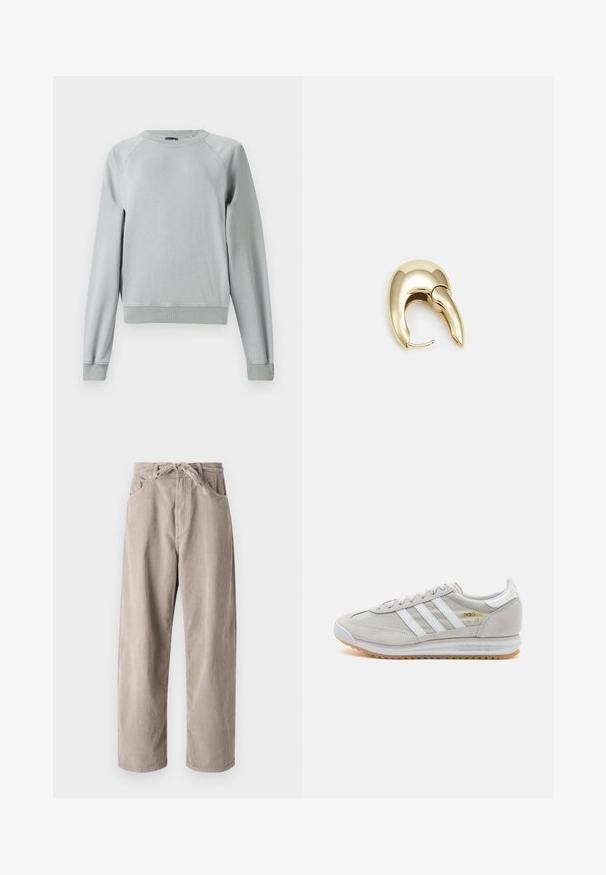 Helehall kätk, mis on valmistatud pehmest puuvilla ja sünteetilise kiudude segust. Omab ümmargust kaelust, raglaani varrukaid ning soonikuid varrukaotstes ja allääres.; Beige kammkootud püksid, millel on mugav lõige, paelaga vöökoht, kaks eesmist taskut ja vertikaalne soonik tekstuur.; Heled hallid tossud, mis on valmistatud nubukist ja võrgust, millel on kolm valget triipu, ümmargune varvas ja kummist tald. Kuldne logoelement paelte lähedal.; Kuldtooni metallist kõrvarõngas, millel on elegantne ja kaarjas disain. Omab silmapaistvat teravat kuju, poleeritud pinda ja hingesulgemist.