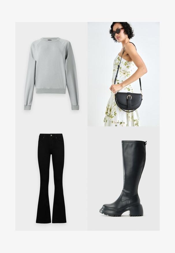 Light grey sweatshirt made of soft cotton-blend fabric. Features a crew neckline, raglan sleeves, and ribbed cuffs and hem.; Black high-waist jeans with a button and zip closure, front pockets, and flared legs laid flat on a white background.; Tall black leather boot with chunky platform sole and block heel, featuring pull tab and textured tread on outsole.; Black leather handbag with a curved shape, detachable strap, and gold hardware. The bag features a flap with a buckle detail.
