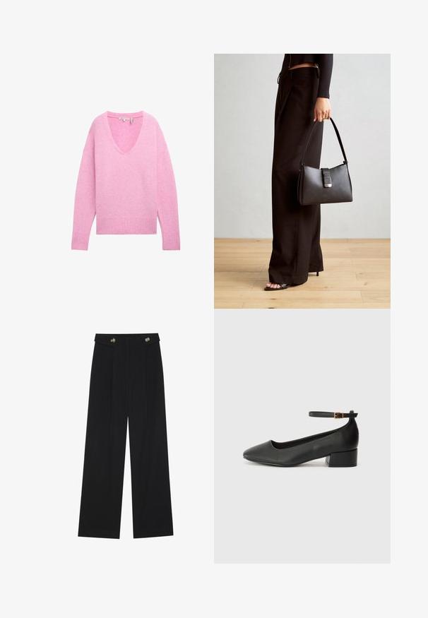 Pulover tricotat roz, cu decolteu în V, umeri lăsați, mansete și tiv cu nervuri. Textură moale și croială lejeră.; Pantaloni negri cu picioare largi, talie înaltă, detalii cu butoane pe talie și pliseuri în față.; Pantof cu toc negru din piele, cu vârf ascuțit și toc mic pătrat. Dispune de o curea la gleznă cu o cataramă în tonuri de aur. Textură netedă.; Genți negre cu o formă structurată, textură netedă și un închizător metalic. Asortată cu pantaloni negri largi și sandale cu vârf deschis pe un podea din lemn.
