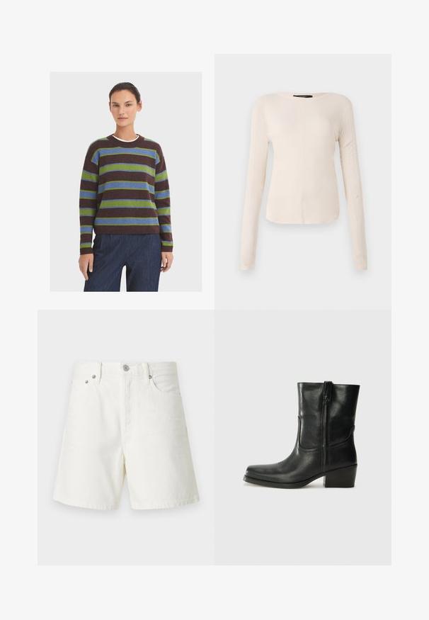 Gestreifter Pullover in Dunkelbraun, Grün und Blau. Rundhalsausschnitt, lange Ärmel und gerippte Bündchen. Weicher, strukturiert Stoff. Kombiniert mit dunkelblauen Hosen.; Langärmliges, hellbeiges Oberteil mit rundem Ausschnitt. Aus weichem Stoff gefertigt, verfügt es über eine zentrale Naht und einen leicht geschwungenen Saum. Keine sichtbaren Beschläge.; Weiße Jeansshorts mit geradem Schnitt, Fünf-Taschen-Design, vorderem Knopfverschluss, silberner Hardware und genähten Details.; Schwarze Leder-Ankle Boots mit runder Zehenform, Blockabsatz, seitlichem Reißverschluss und gestickten Akzenten auf dem Blatt. Glatte Textur, klassisches Design.