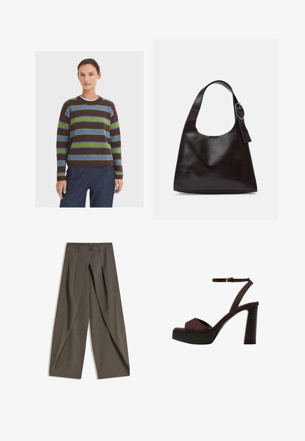 Pruhovaný svetr v tmavě hnědé, zelené a modré barvě. Kulatý výstřih, dlouhé rukávy a žebrované manžety. Měkká, texturovaná tkanina. Spárováno s tmavě modrými kalhotami.; Kalhoty s širokými nohavicemi vyrobené z texturované tkaniny tmavě šedé barvy. Obsahují přední záhyb, zapínání na knoflík a boční kapsy pro praktičnost.; Hnědé semišové sandály na vysokém podpatku s otevřenou špičkou, nastavitelným páskem kolem kotníku a proužkovou platformou.; Hnědá kožená taška přes rameno s hladkou texturou, zaobleným tvarem, širokým popruhem a kulatým kovovým akcentem na rukojeti.