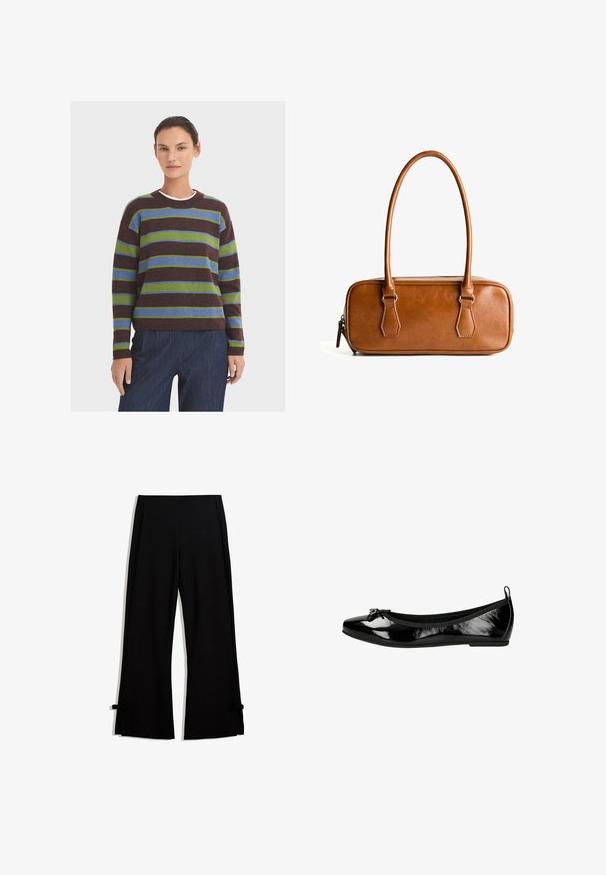 Gestreifter Pullover in Dunkelbraun, Grün und Blau. Rundhalsausschnitt, lange Ärmel und gerippte Bündchen. Weicher, strukturiert Stoff. Kombiniert mit dunkelblauen Hosen.; Schwarze weitem Hosen aus einem weichen Stoff, mit seitlichen Schlitzen, die am Saum mit Schleifen gesichert sind, für zusätzliche Details.; Schwarze Lackleder-Ballettflats mit einer runden Zehe und einer Schleifenakzent. Sie verfügen über eine flexible Sohle und ein elastisches Band am Öffnungsrand für zusätzlichen Komfort.; Braune Lieblingstasche aus Leder mit zwei langen Tragegriffen, rechteckiger Form, glatter Oberfläche, Reißverschluss und Hardware-Akzenten in Silber.