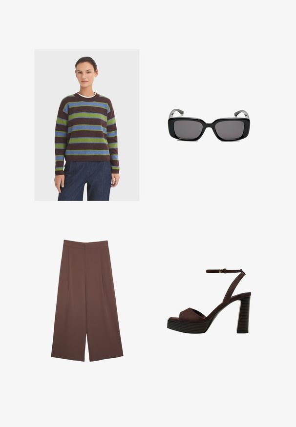 Pruhovaný svetr v tmavě hnědé, zelené a modré barvě. Kulatý výstřih, dlouhé rukávy a žebrované manžety. Měkká, texturovaná tkanina. Spárováno s tmavě modrými kalhotami.; Hnědé široké kalhoty s hladkou texturou, vysokým pasem a předními záhyby. Materiál je lehký a volně splývá.; Hnědé semišové sandály na vysokém podpatku s otevřenou špičkou, nastavitelným páskem kolem kotníku a proužkovou platformou.; Černé obdélníkové sluneční brýle s tmavými skly, hladkým plastovým rámem a zakřivenými stranicemi. Design je robustní s minimalistickou estetikou.