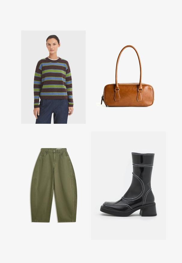 Prugasti pulover u tamnosmeđoj, zelenoj i plavoj boji. Okrugli izrez, duge rukave i rebrasti manžeti. Mekana, teksturirana tkanina. U paru s tamnoplavim hlačama.; Maslinasto zelene hlače širokih nogavica od pamuka, s visokim strukom, prednjim džepovima i glatkom teksturom. Bez ukrasa ili uzoraka.; Crne lakirane gležnjače s bijelim šavovima, zaobljenim vrhom i blok petom. Imaju zakrivljene dizajnerske linije i glatku teksturu.; Smeđa kožna torba s dva dugačka ručka, pravokutnog oblika, glatke teksture, zatvaranje na patentni zatvarač i akcenti od srebrnog tona.; Srebrni sat od nehrđajućeg čelika s kvadratnim kućištem, bijelim licem, analognim i digitalnim prikazom, te metalnom narukvicom. Vodootporan dizajn.