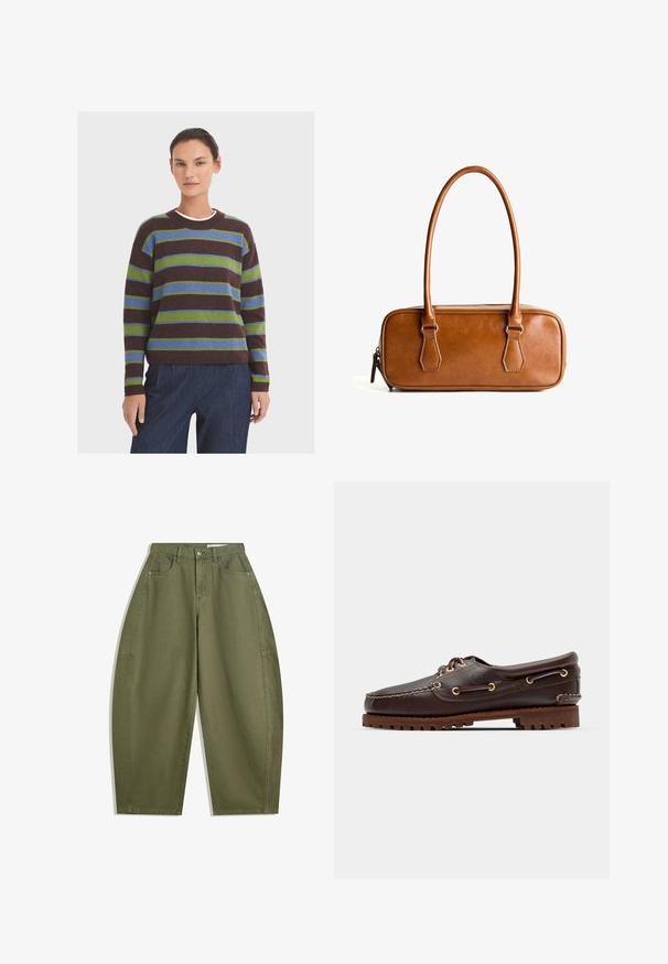 Gestreifter Pullover in Dunkelbraun, Grün und Blau. Rundhalsausschnitt, lange Ärmel und gerippte Bündchen. Weicher, strukturiert Stoff. Kombiniert mit dunkelblauen Hosen.; Olivgrüne weite Hose aus Baumwolle mit hoher Taille, Fronttaschen und glatter Textur. Keine Verzierungen oder Muster.; Braune Lederbootsschuhe mit goldenen Ösen, runden Schnürsenkeln und einer strukturierten braunen Gummisohle. Verfügt über genähte Details und ein erhabenes Logo.; Braune Lieblingstasche aus Leder mit zwei langen Tragegriffen, rechteckiger Form, glatter Oberfläche, Reißverschluss und Hardware-Akzenten in Silber.
