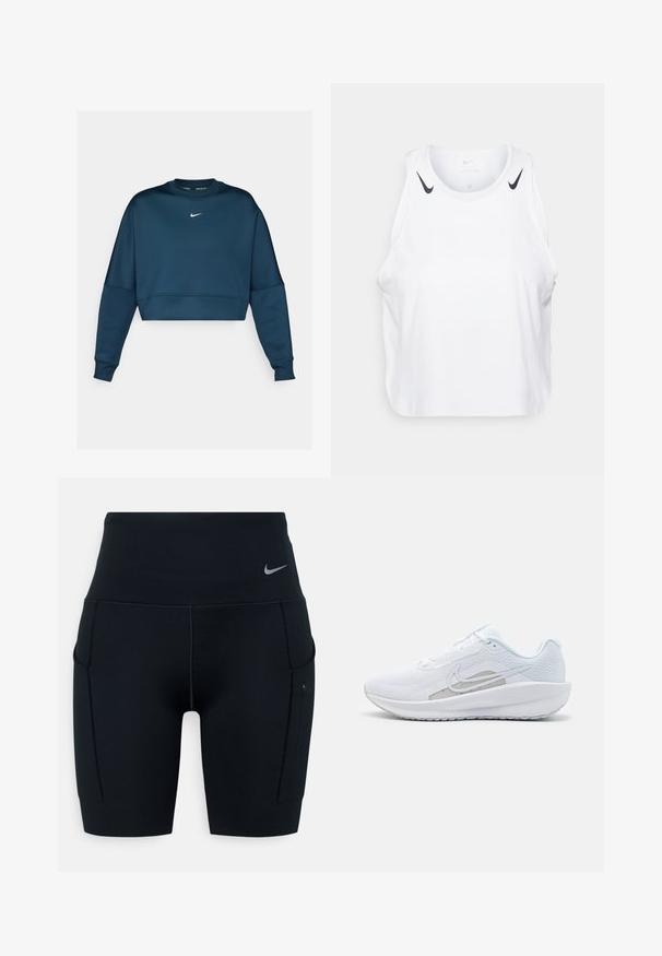 Marineblauer, kurz geschnittener Pullover mit Rundhalsausschnitt und langen Ärmeln. Mit einem weißen Nike-Logo auf der Brust und einer glatten Textur.; Weißes ärmelloses Tanktop aus leichtem Stoff, mit schwarzen Nike-Logo-Akzenten an den Schultern, rundem Ausschnitt und lässigem Schnitt.; Schwarze hochtaillierte Sportshorts aus dehnbarem Material; verfügt über Seitentaschen und ein kleines Nike-Logo am Bund.; Weißer Sport Schuh mit Mesh-Obermaterial, abgerundeter Zehenpartie und strukturiertem Sohlenprofil. Mit einem silbernen Nike Swoosh und minimalistischem Design.