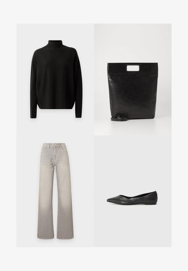 Pulover negru, cu guler înalt, cu mâneci lungi și croială lejeră, expus pe un fundal alb simplu.; Jeans largi gri cu un finisaj decolorat, închidere cu buton, design cu cinci buzunare și detalii cusute pe cusături.; Balerini din piele neagră, cu vârf ascuțit, toc mic și textură netedă. Design minim cu un accent subtil pe lateral.; Geantă tote din piele neagră, cu un mâner pătrat, având un finisaj texturat și un logo embosat. Include o curea detasabilă.