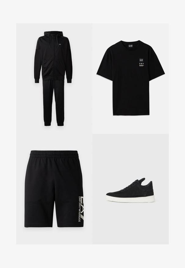 Fekete pulóver, puha anyagból készült, kerek nyakkivágással, hosszú ujjakkal és matt logónyomattal az elején: "EA7 Emporio Armani".; Fekete pamut póló rövid ujjal, kerek nyakkivágással, az elején egy kis logócímkével, amely fehér színű ápolási szimbólumokat tartalmaz.; EA7 Emporio Armani TRAIN VISIBILITY - Rövidnadrágok - black/cream; Fekete nubuk sportcipő fehér gumitalppal, tónusos varrással és fűzős kialakítással. Simák a textúrája, modern, letisztult formával rendelkezik.