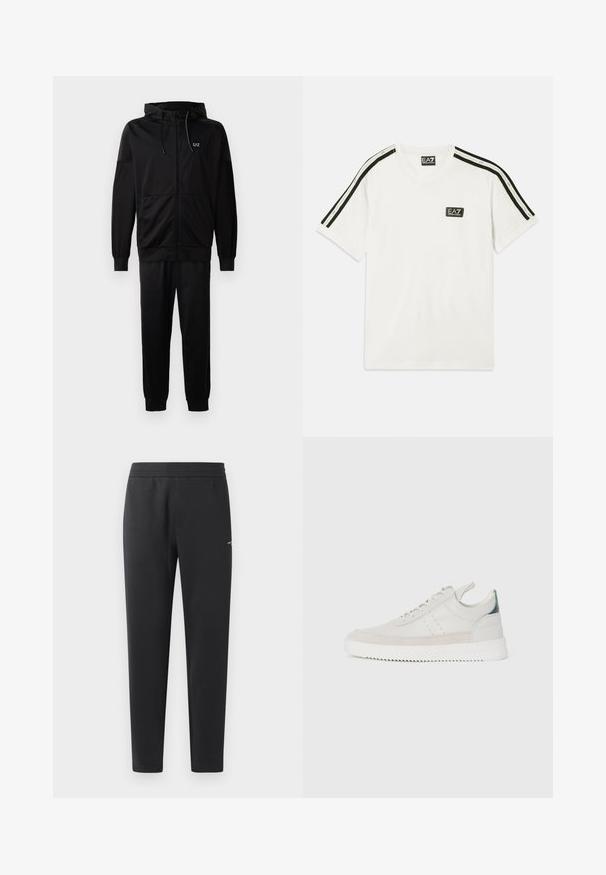 Čierna mikina vyrobená z mäkkého materiálu, s okrúhlym výstrihom, dlhými rukávmi a matným potlačeným logom „EA7 Emporio Armani“ na prednej strane.; Biela bavlnená tričko s okrúhlym výstrihom, krátkymi rukávmi, čiernymi akcentovými pruhmi na pleciach a malým logom EA7 na hrudi.; Čierne joggingové nohavice z mäkkej tkaniny, s elastickým pásom, rovnými nohavicami a malým logom na boku.; Biele kožené tenisky s šedými semišovými akcentmi, viazanie, pútko na päte a textúrovaná gumová podrážka s cik-cak vzorom.