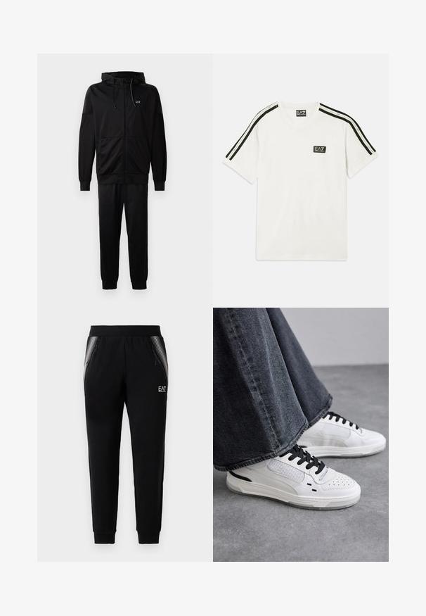 Hanorac negru dintr-un material moale, cu guler rotund, mâneci lungi și un imprimeu mat cu logo-ul „EA7 Emporio Armani” pe față.; Tricou alb din bumbac, cu guler rotund, mâneci scurte, dungi negre de accent pe umeri și un mic logo EA7 pe piept.; Pantaloni de sweather negri, ajustați, cu buzunare laterale cu fermoar, accente din panouri în dungi, talie elastică și logo-ul EA7 Emporio Armani pe coapsa dreaptă.; Adidași albi cu șireturi negre și detalii din plasă. Au un exterior din piele netedă și o talpă din cauciuc texturată. Împreună cu blugi gri cu croială largă.