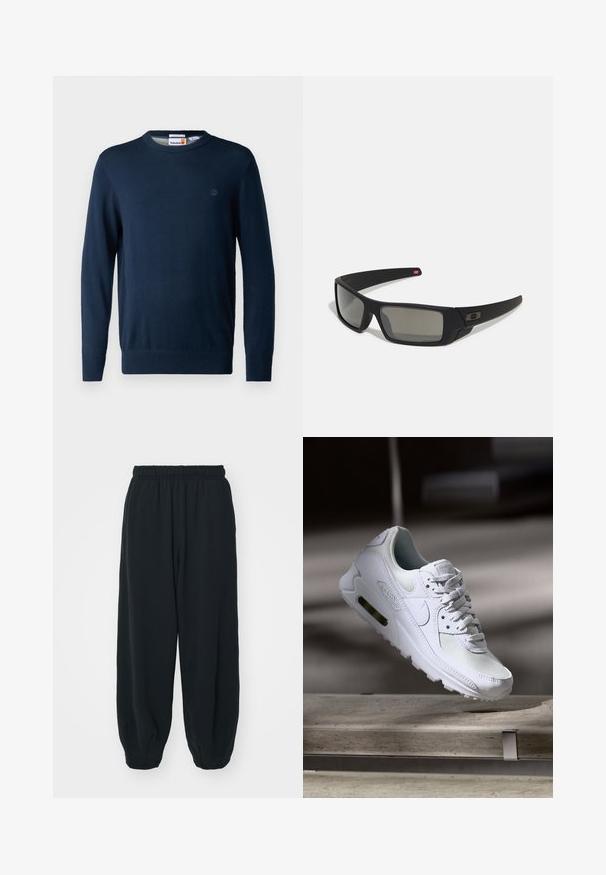 Marineblauer Strickpullover mit Rundhalsausschnitt, langen Ärmeln und gerippten Bündchen. Verfügt über ein kleines, geprägtes Logo auf der Brust.; Schwarze Sweatpants mit elastischem Bund, lockerer Passform, gerippten Beinabschlüssen, glatter Textur und ohne sichtbare Muster oder Hardware-Akzente.; Weiße Nike Air Max 90 Sneaker mit einem Obermaterial aus Mesh und Leder, durchlässigem Zehenbereich und einer sichtbaren Air-Einheit in der Ferse.; Schwarze Sonnenbrille mit matter Oberfläche, rechteckigen Gläsern, leichtem Bogen an den Schläfen, dezentem Logo-Detail und rauchgetönten Gläsern.