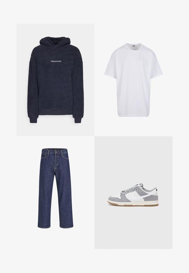 Hoodie en polaire bleu marine foncé avec des manches longues, des poignets et un ourlet côtelés, et le texte "Originals Studio" centré sur la poitrine.; T-shirt en coton blanc avec des manches courtes, un col rond, une coupe décontractée et sans logos ni motifs visibles. Texture lisse et design minimaliste.; Jean en denim bleu foncé avec une coupe droite, un design à cinq poches, une fermeture à bouton en métal et des surpiqûres contrastantes, présentant une texture subtile.; Les baskets Nike présentent une tige en daim gris et cuir blanc avec des perforations, des lacets ronds et une semelle en gomme pour une meilleure adhérence.