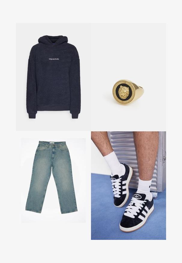 Temno mornarsko modra flis jopica s dolgimi rokavi, ribastimi manšetami in robom ter besedilom "Originals Studio" v središču na prsih.; Bela majica s kratkimi rokavi, izdelana iz mehke bombažne tkanine. Ima okroglo ovratnik in sproščen kroj, z gladko teksturo in preprostim, neopremljenim dizajnom.; Svetlo modri traper hlače z visokim pasom in širokimi hlačnicami. Imajo sprednje žepe, zadrgo in vidne šive.; Črne semiš teniske z belimi vezalkami in tremi belimi črtami. Imajo okroglo črno oznako na jezičku in gumijast podplat.; Zlati prstan z dvignjenim motivom leva na črni podlagi, obdan s krožno obrobo, vklesano z imenom blagovne znamke.