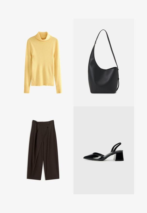 Yellow ribbed turtleneck sweater with long sleeves and textured cuffs, displayed on a white background.; Dark brown wide-leg trousers with a high waist, featuring a single button closure and a pleated front. Made from lightweight fabric.; Black patent leather slingback heels with a pointed toe and a geometric block heel. Features a sleek, minimal design and smooth texture.; Black leather hobo bag with a smooth texture, curved shape, and single adjustable strap; features a wide opening at the top.