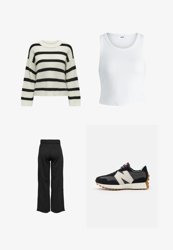 Striktrøje med rund hals, der har vekslende sorte og cremefarvede vandrette striber. Strukturen i stoffet giver lange ærmer og en cropped pasform.; Hvid ribbet tanktop med rund halsudskæring, ærmeløs design og cropped længde. Etiketten står der "JJXX." Glat stoftekstur.; Sorte, vide bukser med elastisk talje, lavet af glat stof. Har et enkelt design uden lommer eller synlige sømdetaljer.; Sort og grå ruskinds sneakers med et stort cremefarvet "N" logo, lilla snørebånd og en struktureret gummisål.