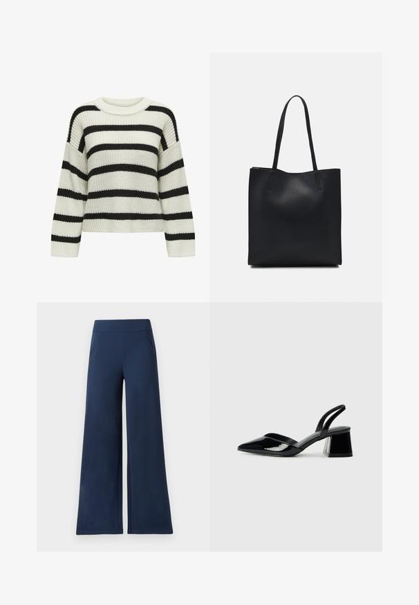Knit sweater with a crew neck, featuring alternating black and cream horizontal stripes. Textured fabric with long sleeves and a cropped fit.; Navy wide-leg pants with a smooth texture, featuring a high waistband and two side pockets for functionality.; Black patent leather slingback heels with a pointed toe and a geometric block heel. Features a sleek, minimal design and smooth texture.; Black leather tote bag with smooth texture, rectangular shape, and two long handles. No visible hardware or embellishments.