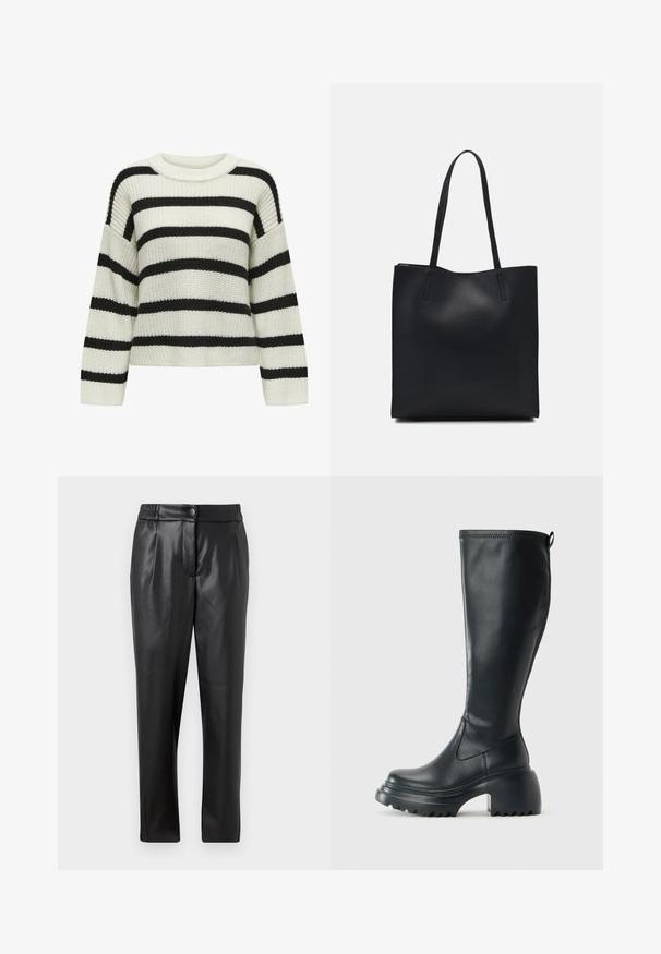 Pulôver de malha com decote redondo, apresentando riscas horizontais alternadas em preto e creme. Tecido texturado com mangas longas e um corte cropped.; Calças de couro pretas com uma textura suave, corte reto, cintura elástica e fecho com botão na frente; detalhe plissado e pernas afuniladas.; Bota preta de couro alta com sola de plataforma robusta e salto bloco, apresentando puxador e padrão texturizado na sola.; Bolsa tote preta em couro com textura lisa, forma retangular e duas alças longas. Sem hardware ou enfeites visíveis.
