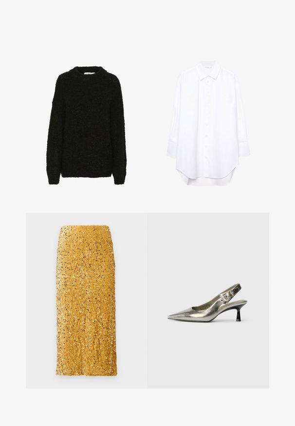 Crni, teksturirani pulover s okruglim izrezom i dugim rukavima. Mekani, plišasti materijal s ležernim krojem, prikladan za svakodnevno nošenje.; Bijela košulja dugih rukava s dugmadima, s oštrim ovratnikom i zakrivljenim rubom, prikazana na jednodavnom pozadinu.; Zlatna midi suknja prekrivena sjajnim šljokicama sa ravnim krojem i visokim strukom na bijeloj pozadini.; Metalik srebrni slingback cipele s oštrim nosom, malim crnim potplatom i detaljem kopče na trakama. Glatka kožna tekstura.