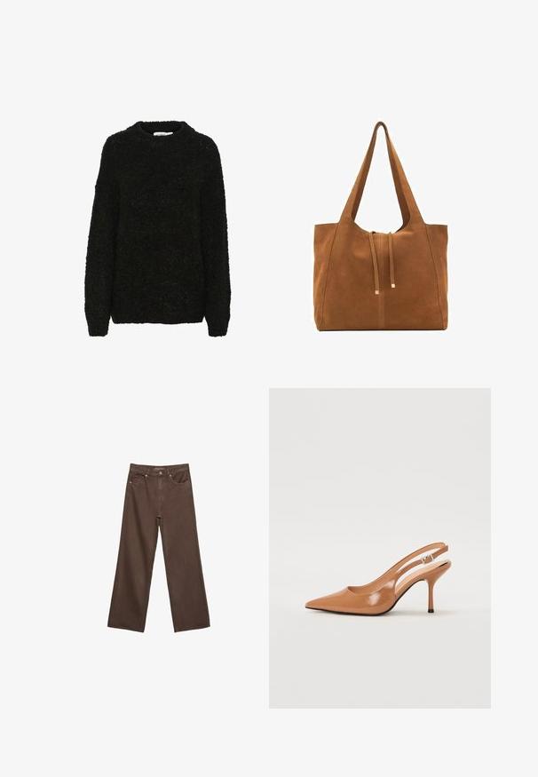 Black, textured sweater with a round neckline and long sleeves. Soft, fuzzy fabric with a loose fit, suitable for casual wear.; Wide-leg brown jeans made of denim, featuring a high waist, front pockets, and a classic button closure. Smooth texture with subtle stitching.; Pointed toe slingback heel in a smooth, glossy tan material. Features a curved cutout design and a slender stiletto heel. Silver buckle detail.; Brown suede tote bag with two long straps, drawstring closure, and minimalistic design. Smooth texture and no visible hardware accents.